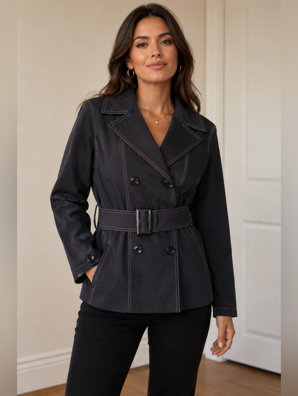 WHBM The Trench Classic Black Jacket Contrast Stitching Belted Peak Lapel Small